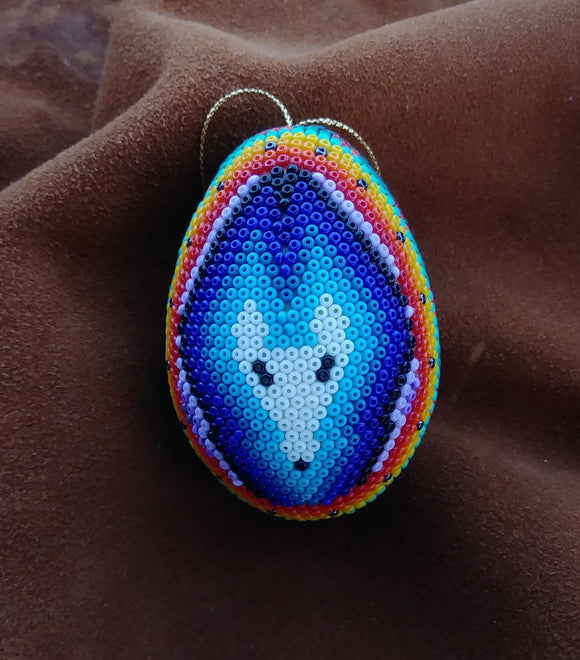 Huichol Beaded Egg Ornament Handmade Blue Deer
