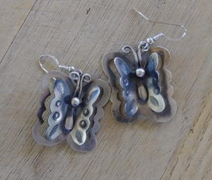 Navajo Butterfly Relief Sterling Silver Earrings 1"L