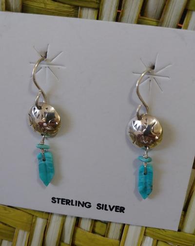 Silver Concho Earring with Turquoise Feather Measures Approx. 1
