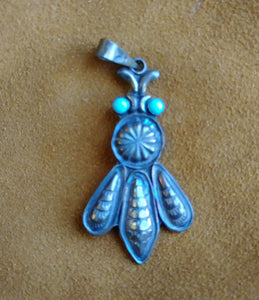 Vintage Pendant Fly Sterling Silver Turquoise  Makers Mark Stamped Spider 2" L x 1" W