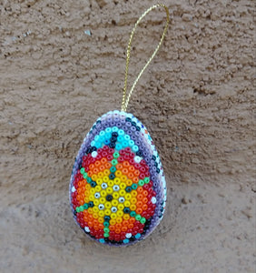 Huichol Beaded Egg Ornament Handmade Sunburst Flower