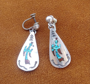 Vintage Earrings Peyote Bird Screw Post Teardrop Dangle Sterling Silver Turquoise Stone Coral Chip Markers Mark Ab Stamped 1.25" L
