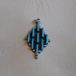 Vintage Pendant Needlepoint Inlay Turquoise Makers Mark Stamped SS 1"L x .75" W