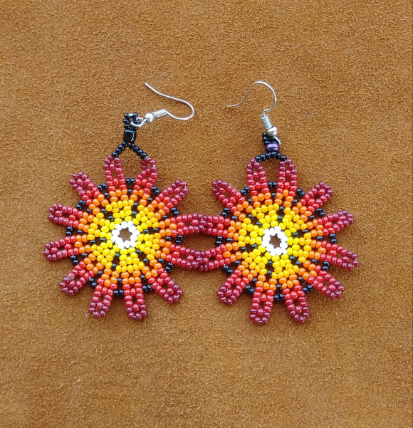 Huichol Beaded Earrings Handmade Orange Flower