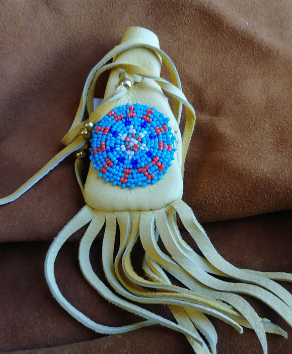 Pueblo Buckskin Amulet Pouch Beaded Rosette Design Medicine Bag