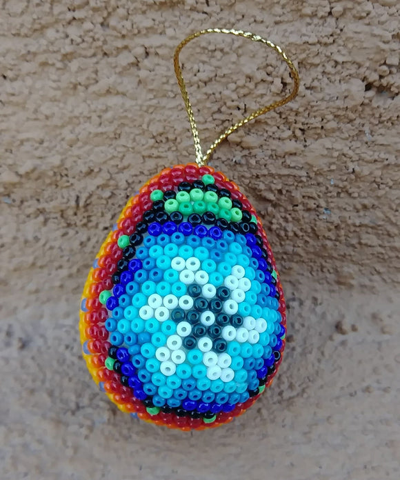 Huichol Beaded Egg Ornament HandmadeBlue Handmade Peyote Flower