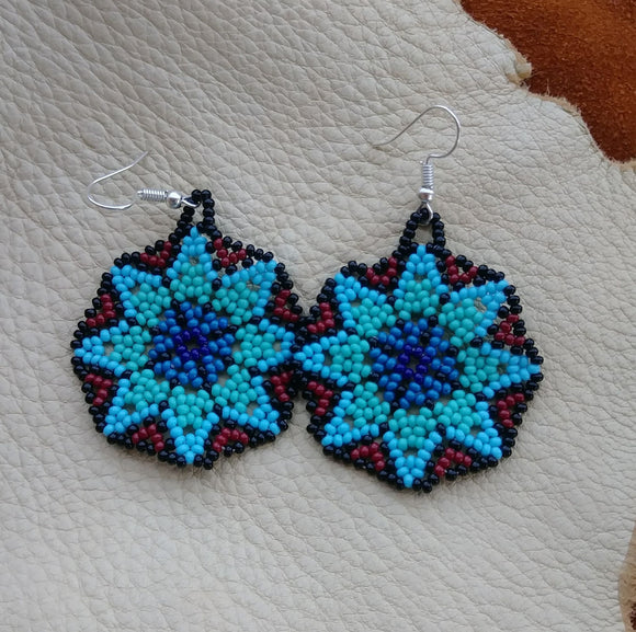 Huichol Beaded Earrings Handmade Blue Flower