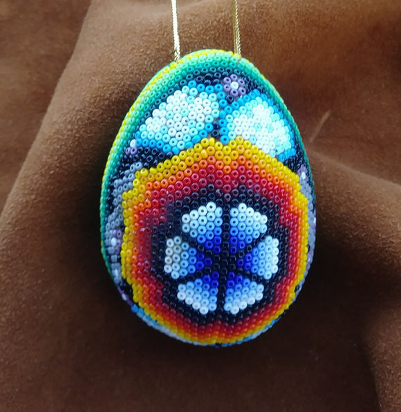 Huichol Beaded Egg Ornament Handmade Peyote Flower