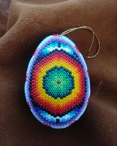 Huichol Beaded Egg Ornament Handmade Sun and Flower