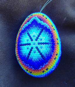 Huichol Beaded Egg Ornament Handmade Blue Peyote Flower
