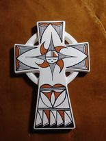 Handpainted Ysleta del Sur Pueblo-Tigua  Ceramic Cross Artist signed Measures approximately 9" L x 7" W