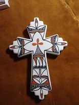 Handpainted Ysleta del Sur Pueblo-Tigua  Ceramic Cross Artist signed Measures approximately 9" L x 7" W
