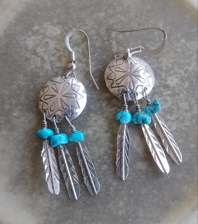 Navajo Earrings Dangle Concho Sterling Silver Turquoise Stone Nuggets 1.5