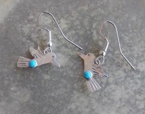 Navajo Earrings Dangle Bird Sterling Silver Turquoise Stone  .75"L Makers Mark Stamped