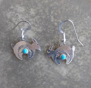 Navajo Earrings Dangle Rabbit Sterling Silver Turquoise Stone .75"L Makers Mark Stamped