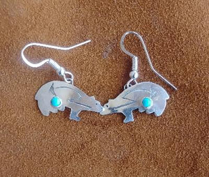 Navajo Earrings Dangle Medicine Bear Sterling Silver Turquoise Stone  .75"L Makers Mark Stamped