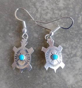 Navajo Earrings Dangle Turtle Design Sterling Silver Turquoise Stone .75"L Makers Mark Stamped