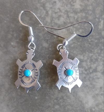Navajo Earrings Dangle Turtle Design Sterling Silver Turquoise Stone .75