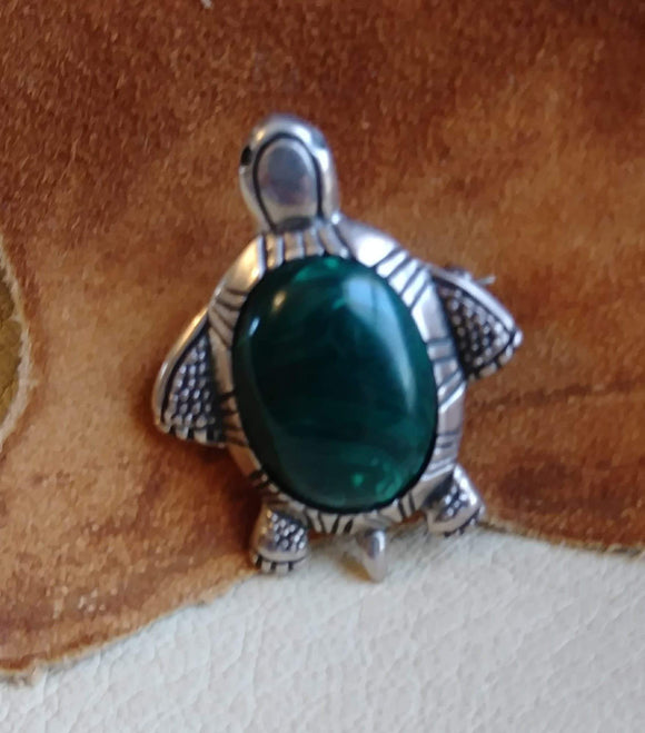 Vintage Pendant Turtle Sterling Silver Stone Green Malachite No Makers Mark  1.5