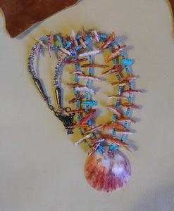 Double Strand Spiny Oyster, Turquoise and Fetish Necklace 24" L