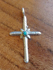 Zuni Pueblo Sterling Silver & Turquoise Stone Cross Pendant 1.25"L