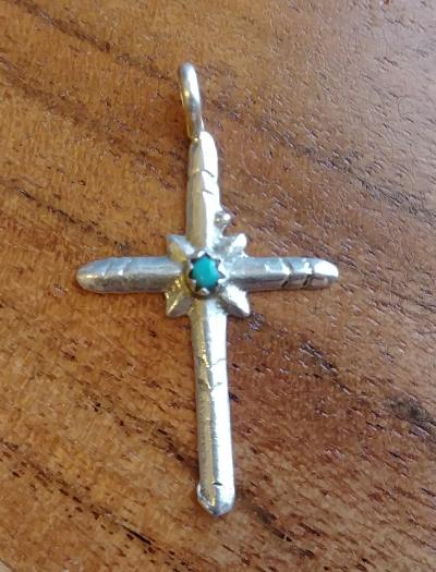 Zuni Pueblo Sterling Silver & Turquoise Stone Cross Pendant 1.25