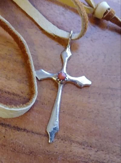 Navajo Sterling Silver with Coral Shell Cross Pendant 1.5