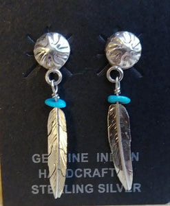 Navajo Earrings Dangle Sterling Silver Turquoise Stone Feather  1.5"L