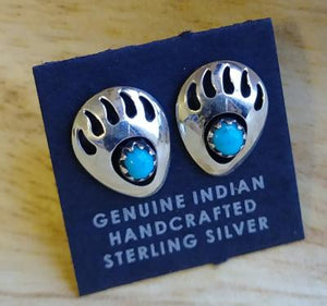 Navajo Sterling Silver w/ Turquoise Bear Paw Shadowbox Earrings .5"L