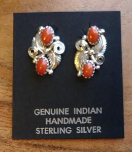 Navajo Earrings Sterling Silver & Coral Stone  .75"L