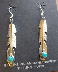 Navajo Sterling Silver & Turquoise Stone  Feather Earrings 1.5"L