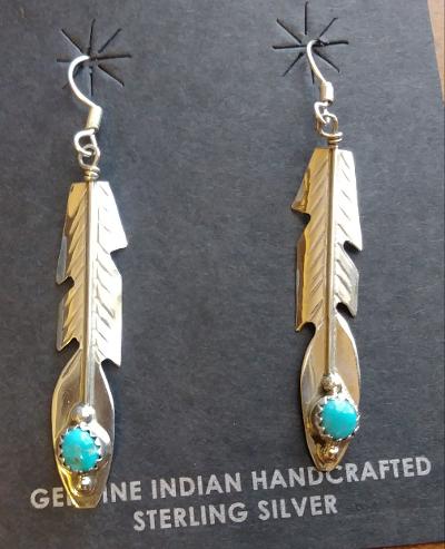 Navajo Sterling Silver & Turquoise Stone  Feather Earrings 1.5