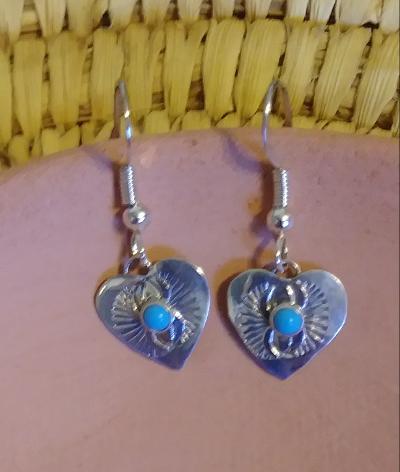 Navajo Earrings Dangle Hearts Sterling Silver Turquoise Stone .75