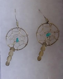 Navajo Earrings Dangle Dream Catcher Sterling Silver Turquoise Stone Nuggets 1"L