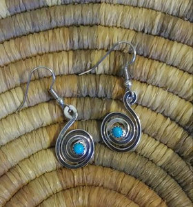 San Felipe Pueblo Spiral Earrings Dangle Sterling Silver & Turquoise .75"L