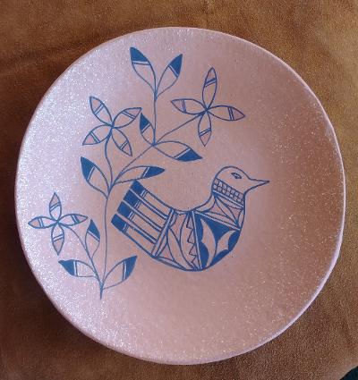 Tigua Handmade Pottery Bird & Flower Red Mica Clay 8.5