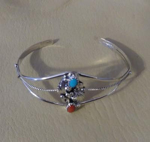 Navajo Sterling Silver Turquoise and Coral Bracelet