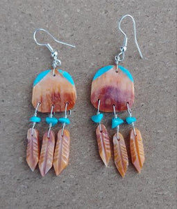Santo Domingo Kewa Spiny Oyster & Turquoise Earrings with Feathers 1.5"L Artist Marcella Castillo