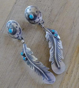 Navajo Sterling Silver Concho and Feather with stone Earrings 2.75"L
