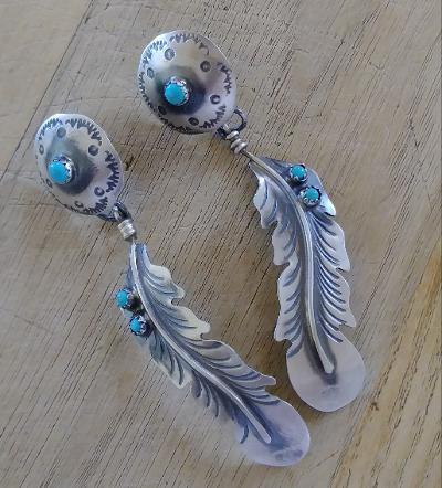Navajo Sterling Silver Concho and Feather with stone Earrings 2.75