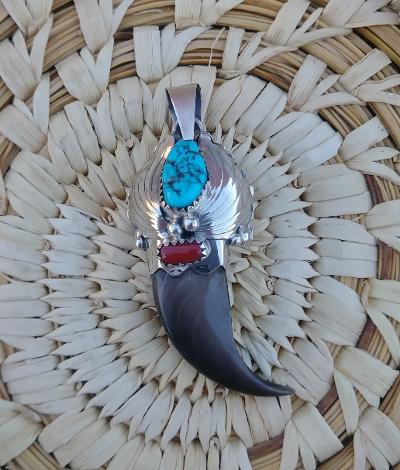 Navajo Made Pendant Claw, Sterling Silver, Coral & Turquoise 2.5