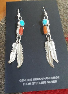 Coral and Turquoise Silver Feather Dangle Earrings Measure Approx. 2"L Artist: R. Lee