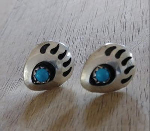 Navajo Earrings Bear Claw Shadowbox Sterling Silver with Turquoise Stone  .5"L