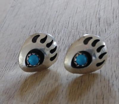 Navajo Earrings Bear Claw Shadowbox Sterling Silver with Turquoise Stone  .5