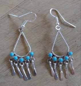 Navajo Earrings Sterling Silver Teardrop with multi stones  1.5"L