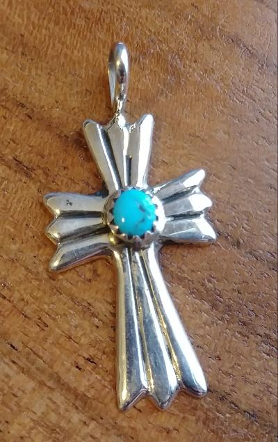 Zuni Pueblo Sterling Silver Cross Pendant with Turquoise Stone 1.2