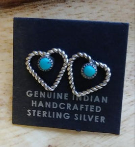 Zuni Pueblo Sterling Silver & Turquoise Stone Earrings .25"L  Heart Shaped Wire