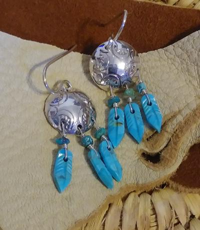 Navajo Earrings Dangle Concho with Turquoise Feathers Sterling Silver Turquoise Stone .75