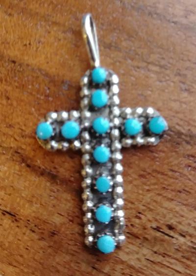 Zuni Pueblo Sterling Silver and Turquoise Stone Cross 1
