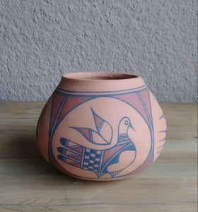 Tigua Wheel Thrown Handmade Pottery Red Clay Bird Design 5" T x 6" W Signed